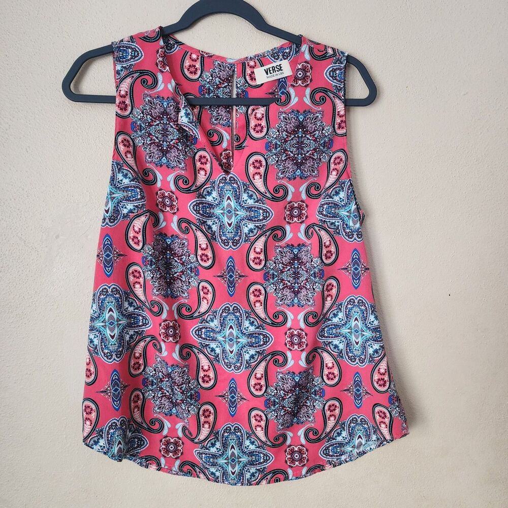 Verse Womens Coral Pink Large Sleeveless Paisley Medallion Boho Blouse Tank Top